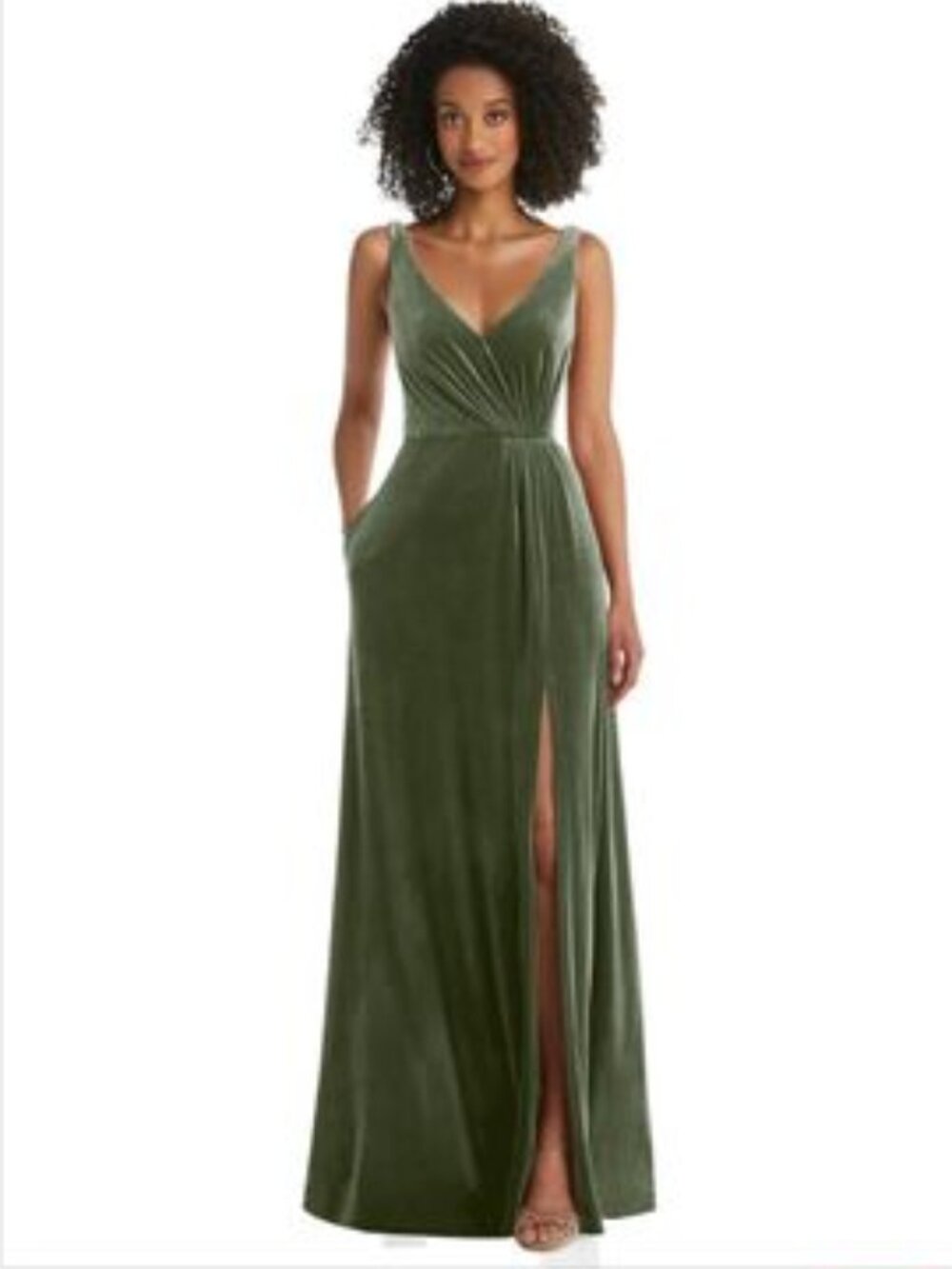 Thread Bridesmaid Dress Size 12 Velvet Maxi Shirred Bodice Front Slit Sage Green